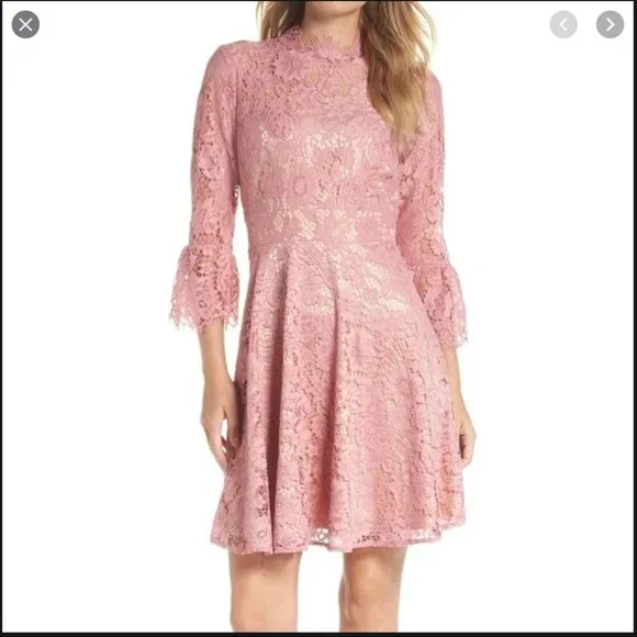 Eliza J | Dresses | Eliza J Pink Bell Sleeve Lace Fit Flare Size | Poshmark